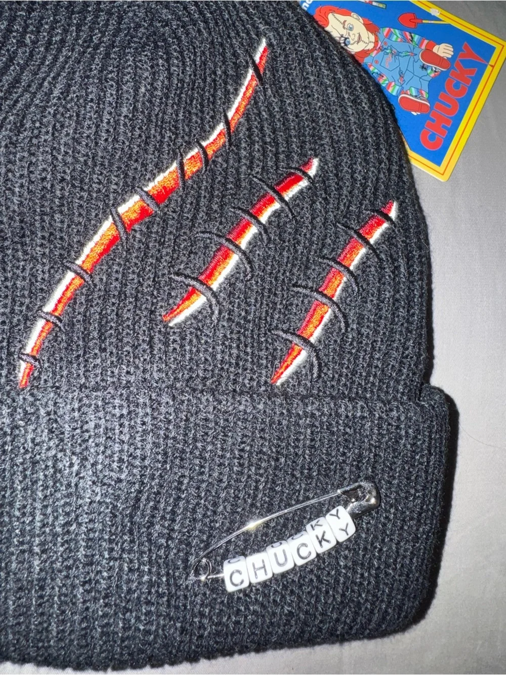Black Chucky Beanie with Red Claw Stitching